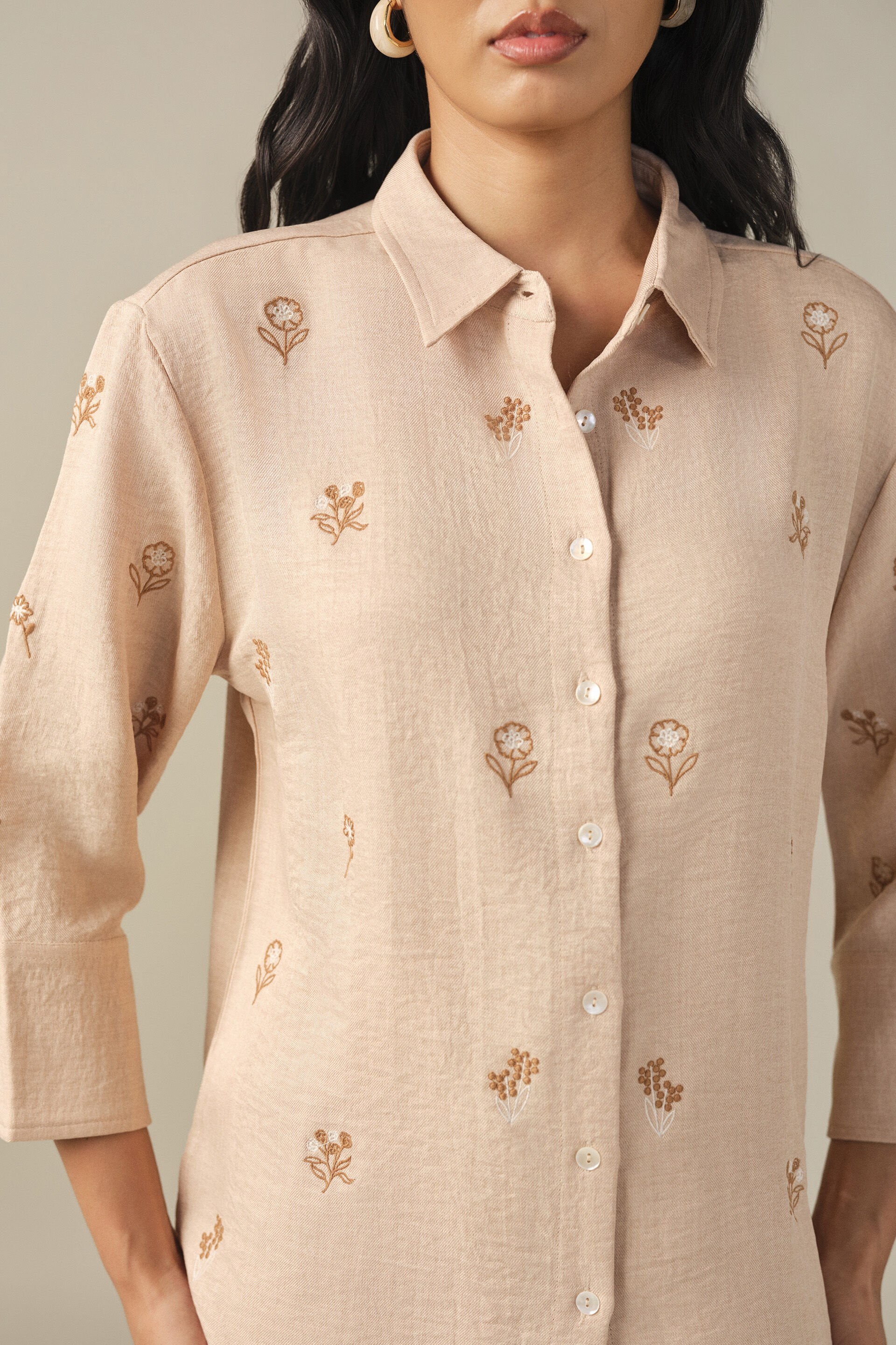 Floral Embroidered Shirt in Beige, Beige, image 2